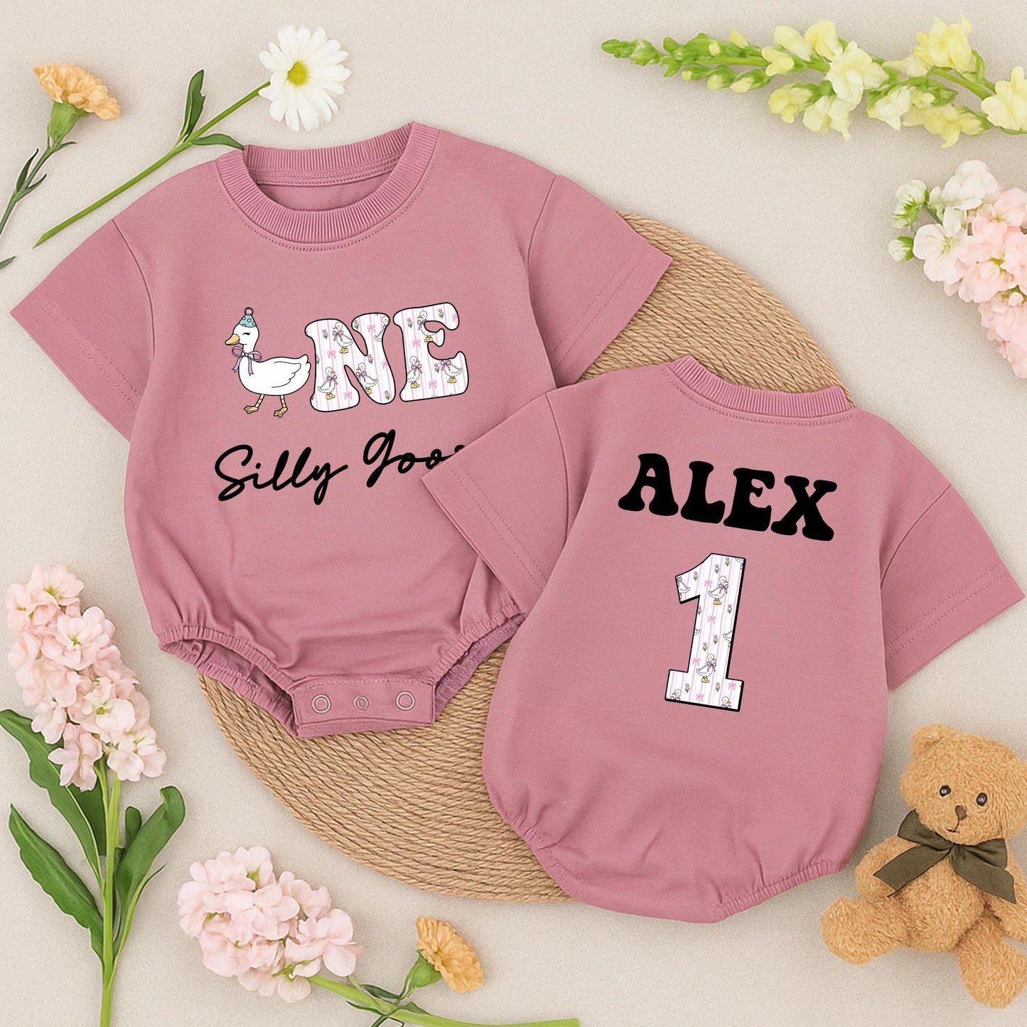 Personalized One Silly Goose Baby Romper First Birthday Outfit Pink Floral Whimsical Goose Bodysuit with Name Cute 1st Birthday Newborn Gift
