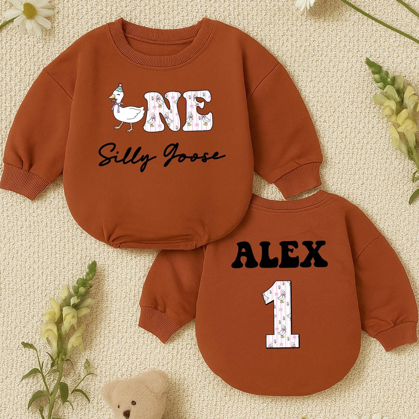 Personalized One Silly Goose Baby Romper First Birthday Outfit Pink Floral Whimsical Goose Bodysuit with Name Cute 1st Birthday Newborn Gift