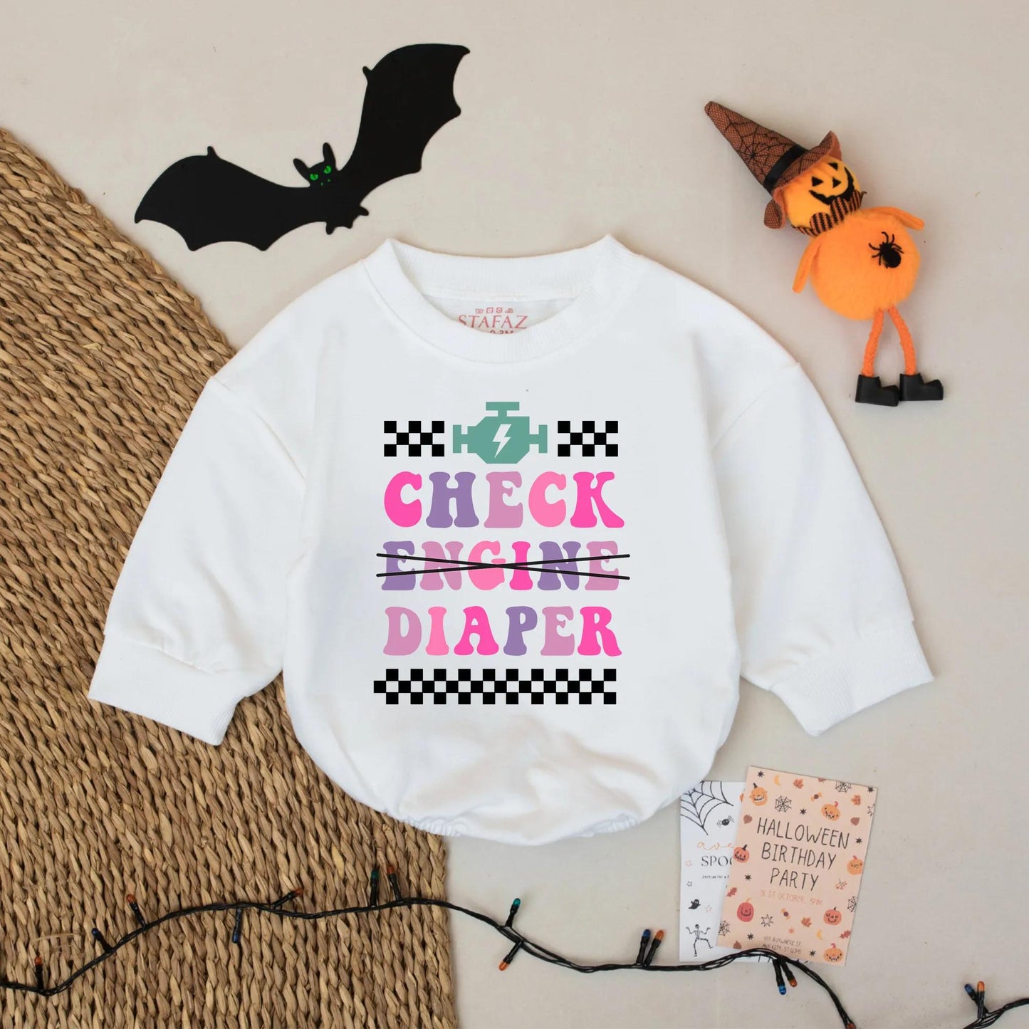 Check Diaper Baby Bodysuit: Funny Mechanic Creeper for Car Lovers, Racing Baby Romper, Engine Lightning Bolt Outfit, Cute Shower Gift, 139 chars