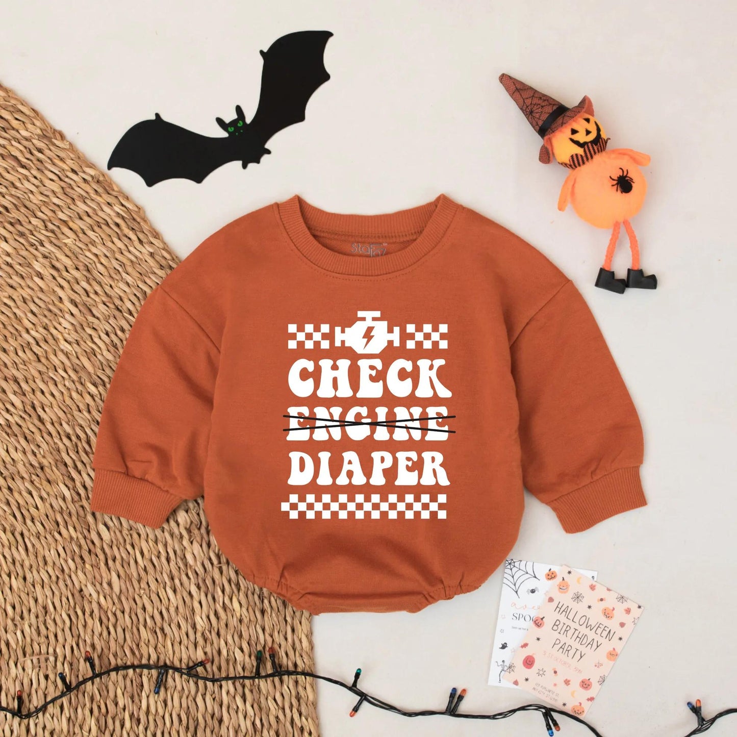 Check Diaper Baby Bodysuit: Funny Mechanic Creeper for Car Lovers, Racing Baby Romper, Engine Lightning Bolt Outfit, Cute Shower Gift, 139 chars