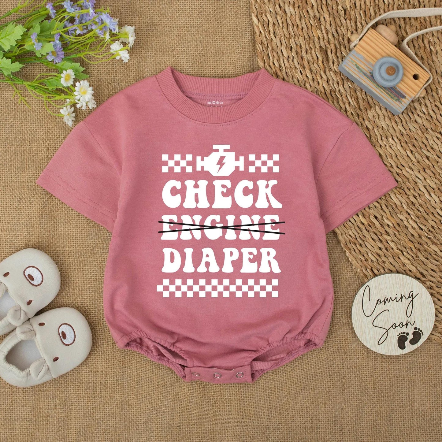 Check Diaper Baby Bodysuit: Funny Mechanic Creeper for Car Lovers, Racing Baby Romper, Engine Lightning Bolt Outfit, Cute Shower Gift, 139 chars