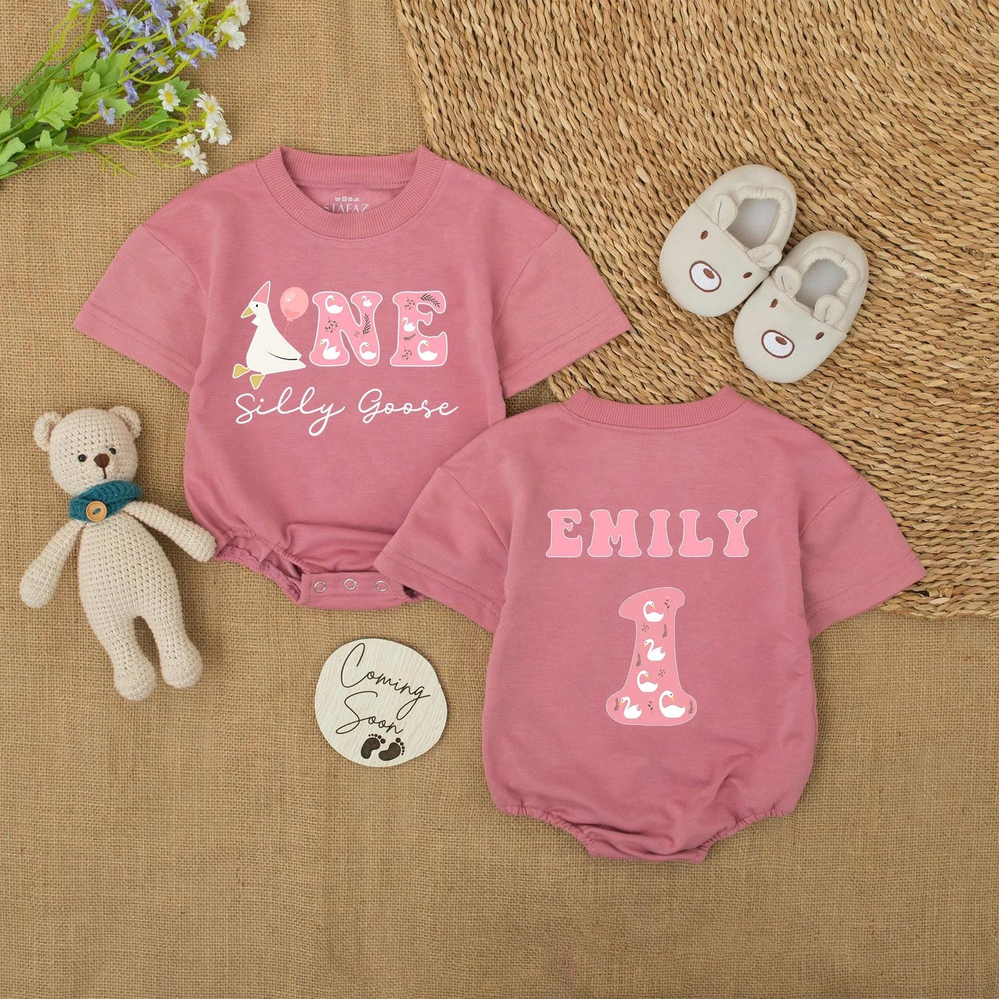 Personalized Silly Goose Birthday Romper ONE Baby Girl Outfit Custom Name 1st Birthday Bodysuit Cute Goose Party First Birthday Outfit Gift 137