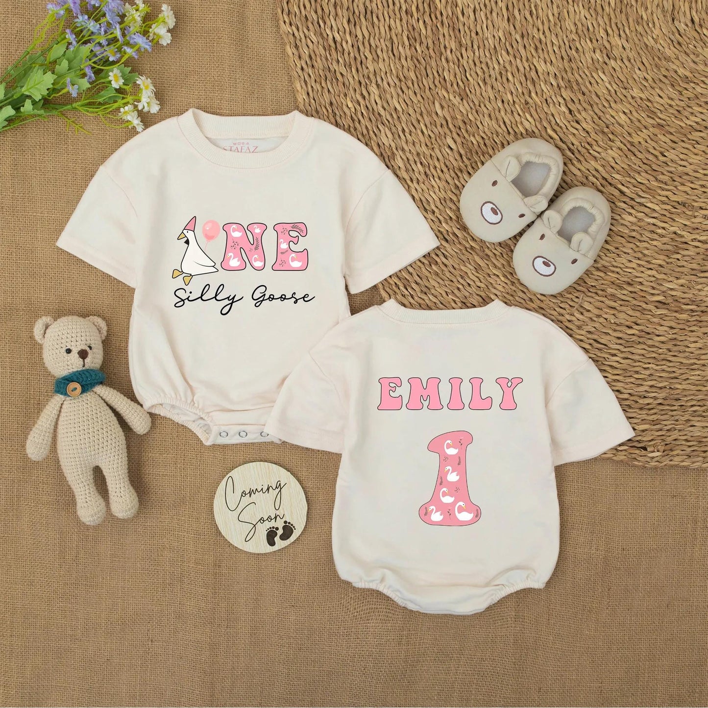 Personalized Silly Goose Birthday Romper ONE Baby Girl Outfit Custom Name 1st Birthday Bodysuit Cute Goose Party First Birthday Outfit Gift 137