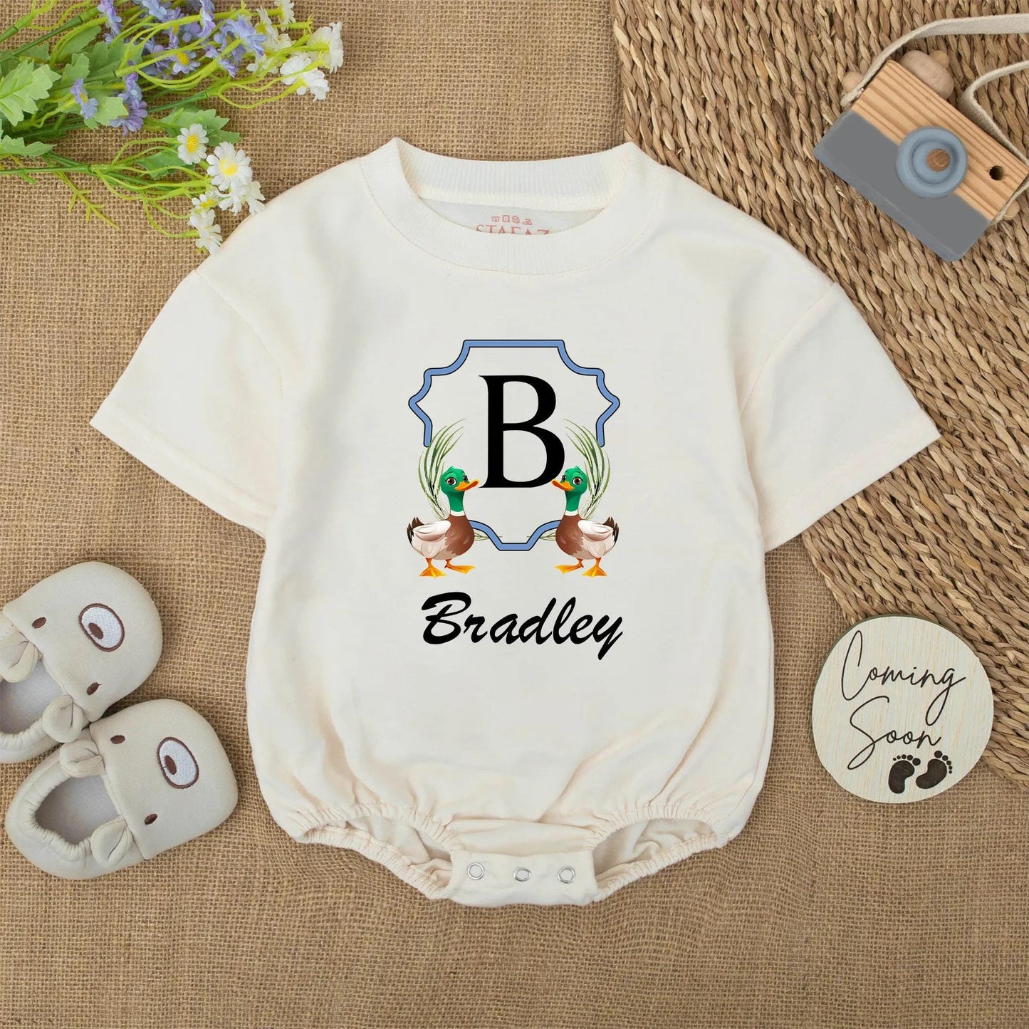 Personalized Baby Romper with Cute Duck Design and Initial B - Custom Bradley Name Outfit for Infant Boy Shower Gift, Soft Cotton Bodysuit, 135 chars