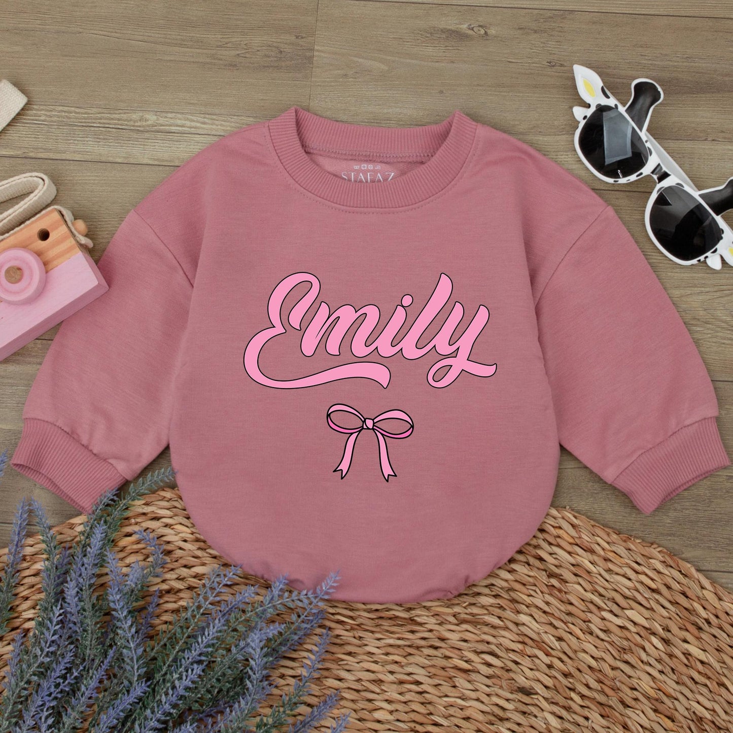 Emily's Bow Romper: Personalized Baby Girl Outfit, Cute Pink Bubble Letter Custom Newborn Take Home Gift, Infant Shower Present 1st Birthday Romper