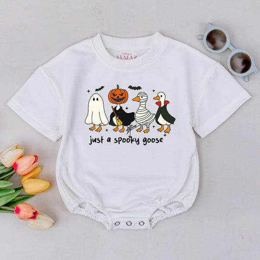Spooky Goose Romper Sweatshirt Funny Halloween Baby Outfit Just a Spooky Goose Baby Clothes Fall Baby Gift Cute & Playful Ghost Witch Mummy Vampire Design