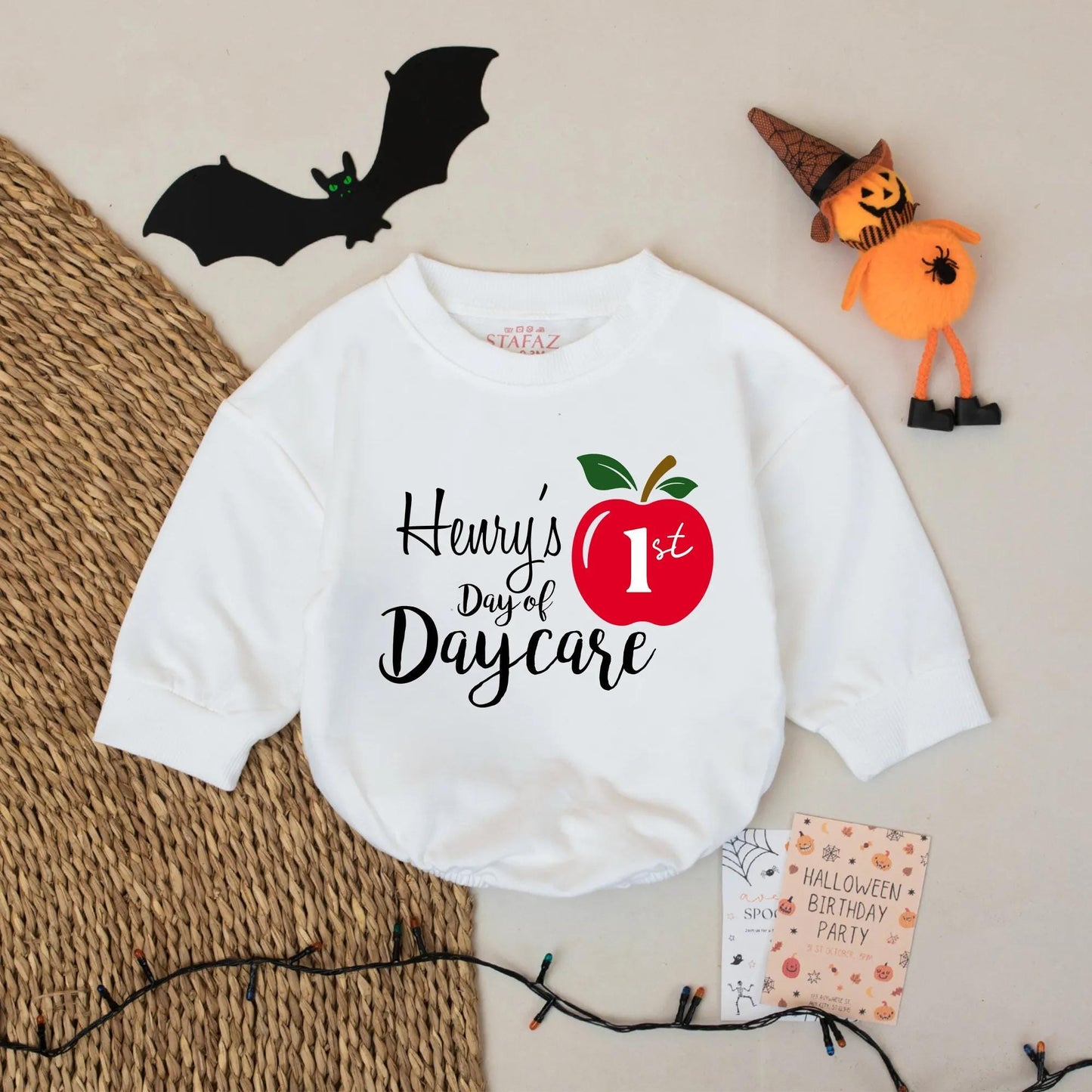 Custom Henry's Day of Daycare Apple 1st Birthday Outfit Baby Boy Romper Personalized Preschool Gift Back to School Onesie Fall