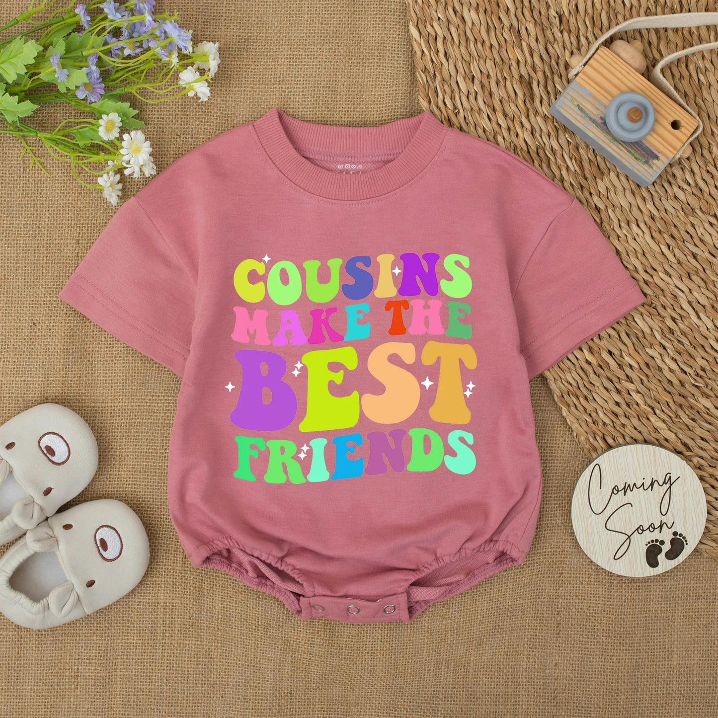 Cousins Make The Best Friends Romper: Retro Rainbow Baby Outfit, Colorful Starburst Design, Whimsical Toddler Clothes, Baby Shower Gift Idea 139 Chars