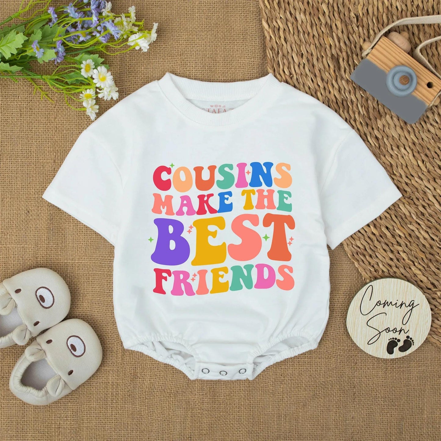 Cousins Make The Best Friends Romper: Retro Rainbow Baby Outfit, Colorful Starburst Design, Whimsical Toddler Clothes, Baby Shower Gift Idea 139 Chars