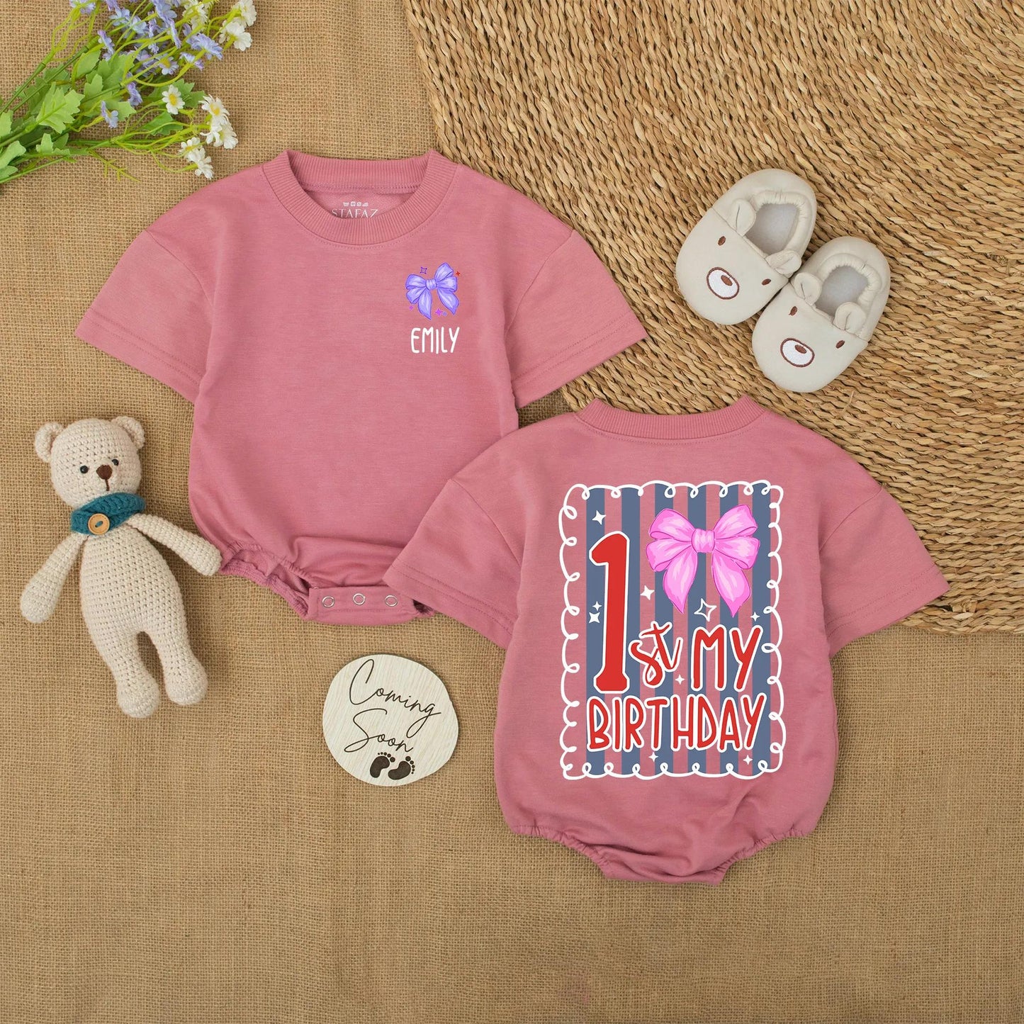 Custom 1st Birthday Girl Onesie with Pink Bow & Name | Baby Party Outfit | Red Stripe Design Bodysuit