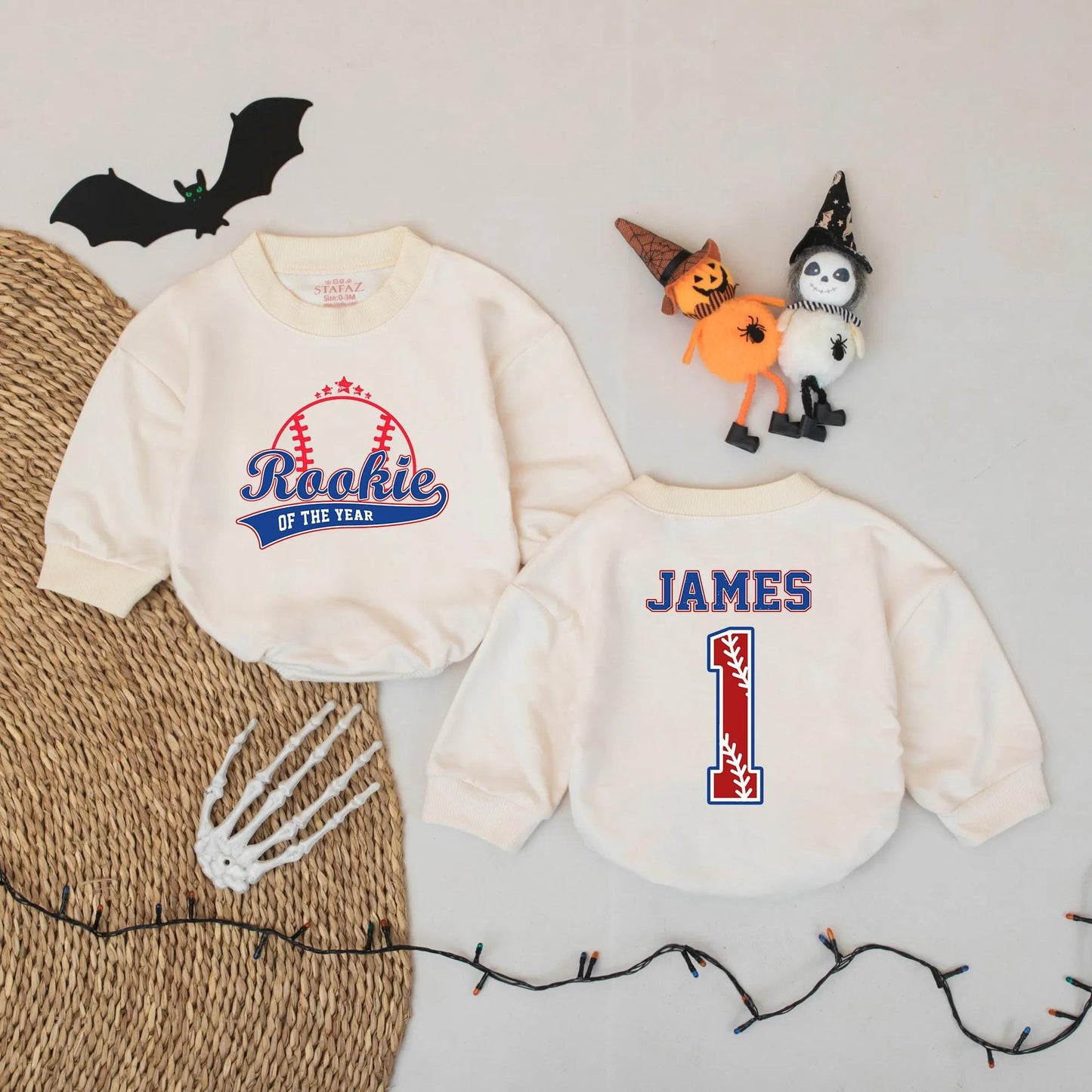 Rookie Of The Year Baseball Romper Custom Name James Number 1 Blue Red Outline Infant Outfit Baby Shower Gift