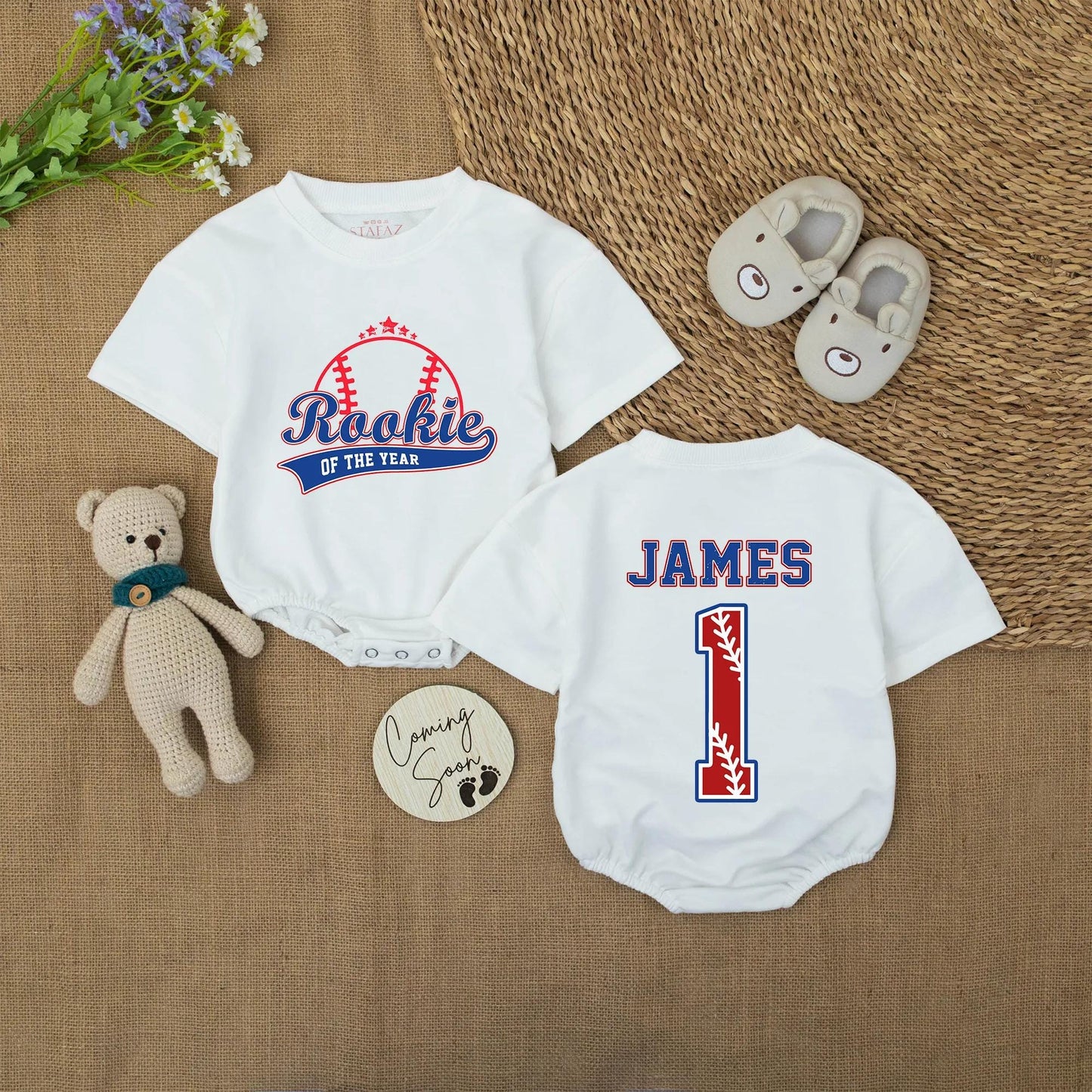 Rookie Of The Year Baseball Romper Custom Name James Number 1 Blue Red Outline Infant Outfit Baby Shower Gift
