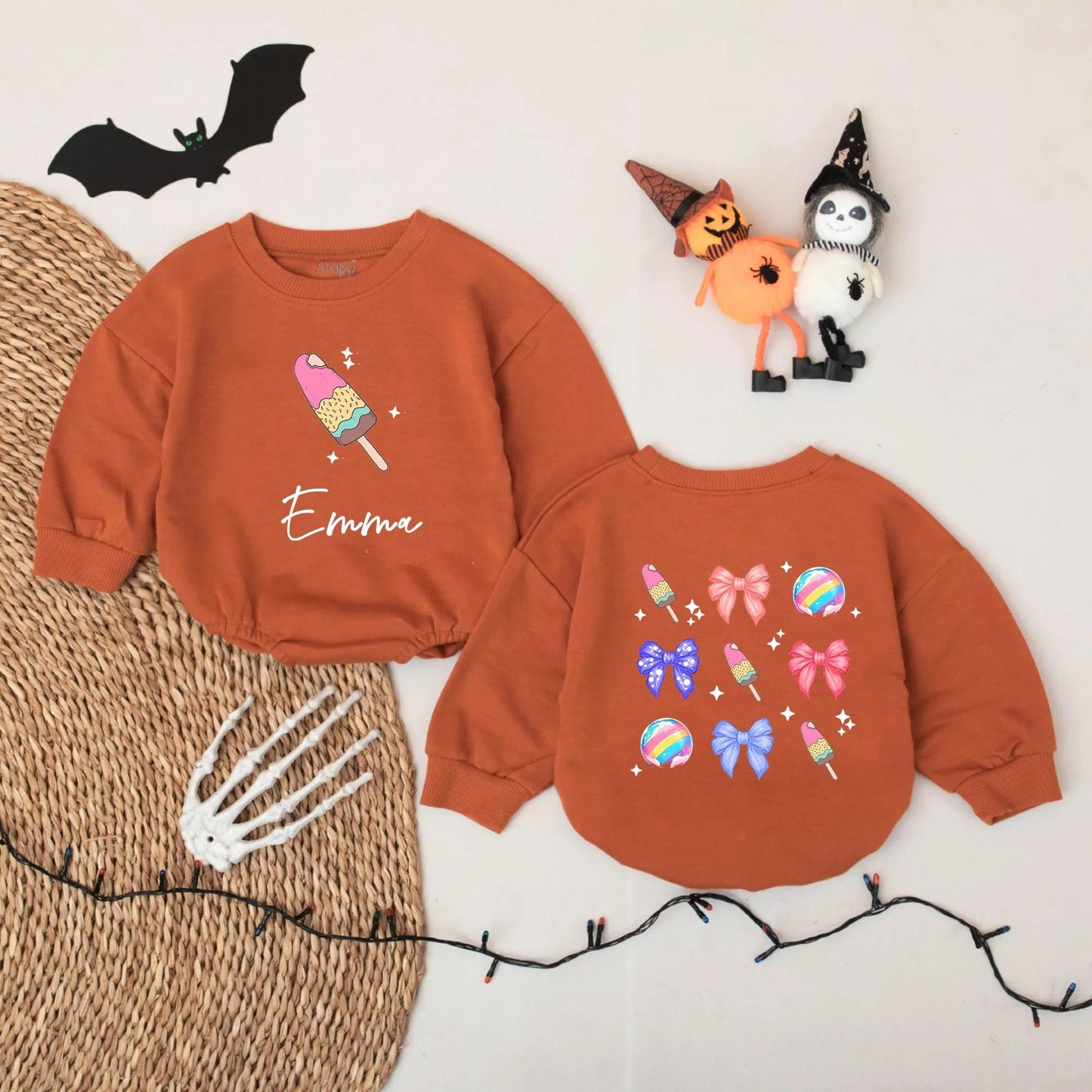 Emma's Sweet Treat Romper: Custom Name Ice Cream Popsicles & Bows Baby Girl Onesie, Cute Pastel Colors Summer Outfit, Personalized Infant Bodysuit Gift