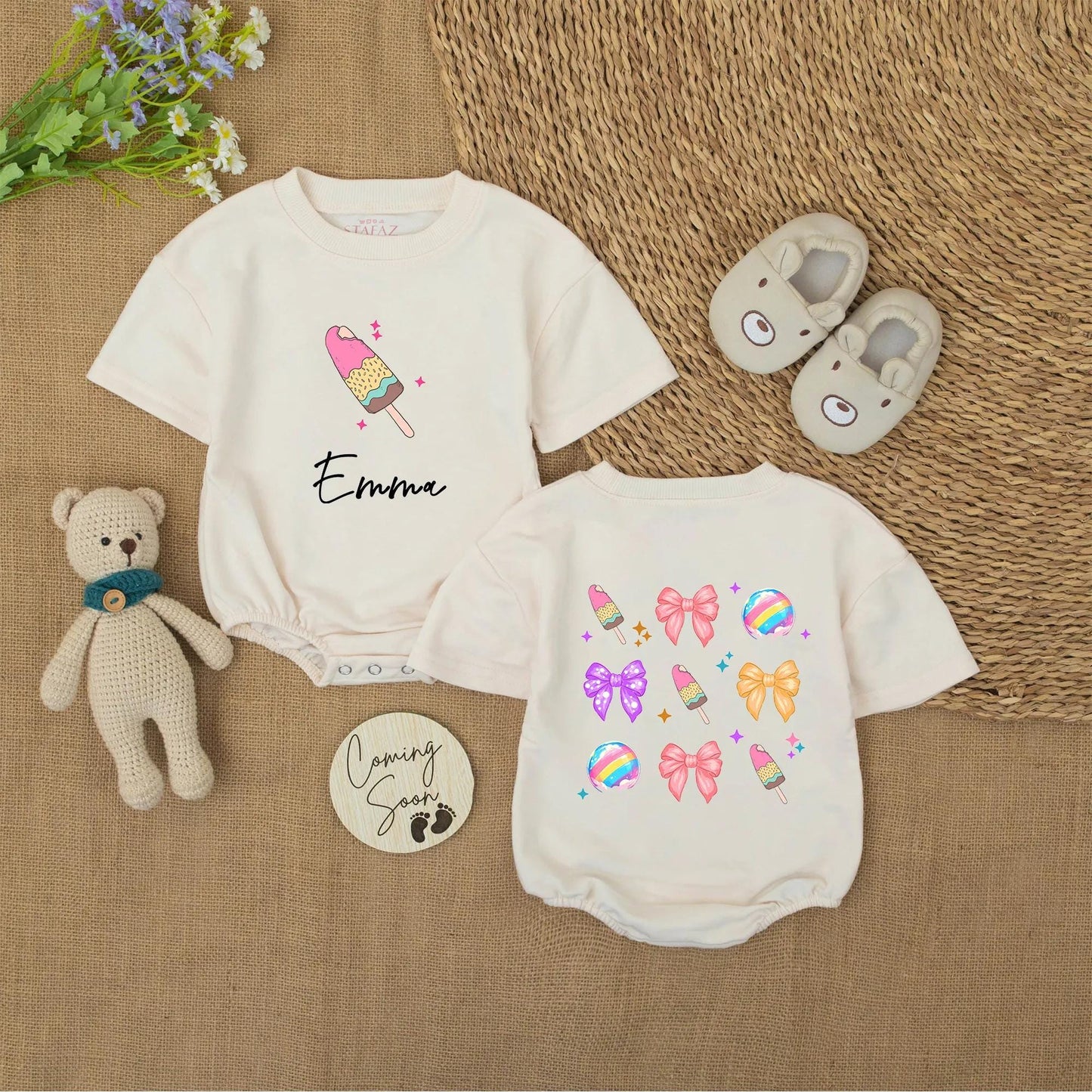 Emma's Sweet Treat Romper: Custom Name Ice Cream Popsicles & Bows Baby Girl Onesie, Cute Pastel Colors Summer Outfit, Personalized Infant Bodysuit Gift