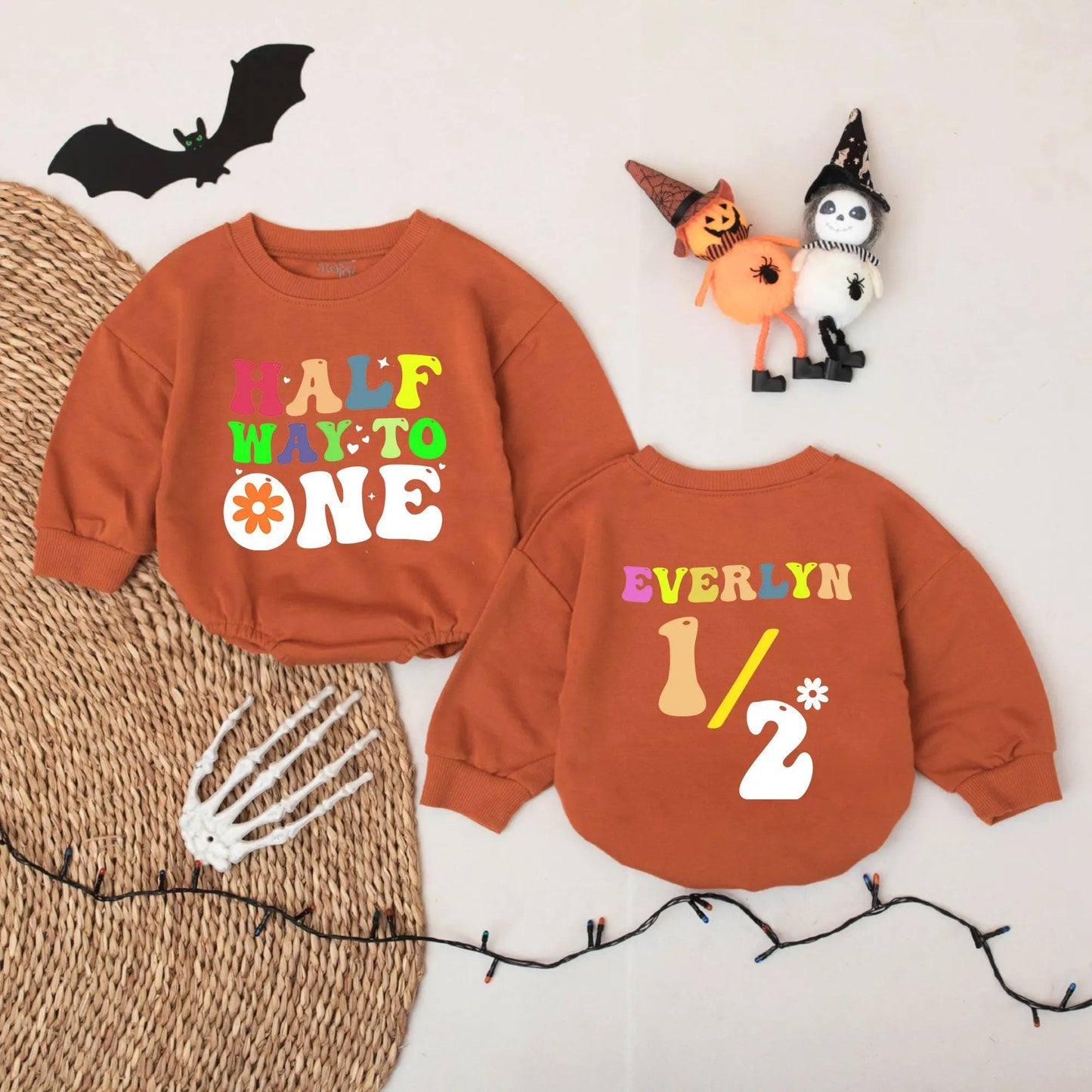 Personalized Retro 6 Month Baby Girl Romper, Halfway to One Bodysuit, Everlyn Name Custom Outfit, 70s Style Milestone Photo Gift