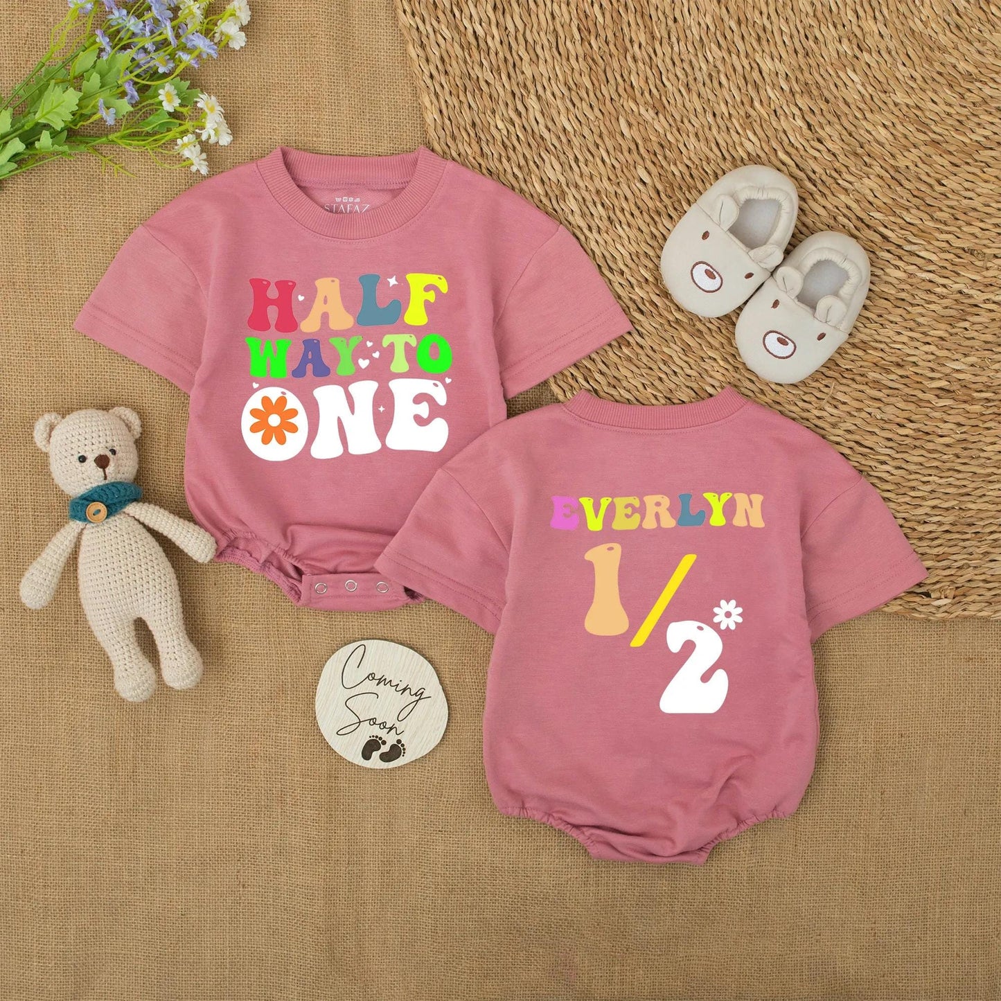 Personalized Retro 6 Month Baby Girl Romper, Halfway to One Bodysuit, Everlyn Name Custom Outfit, 70s Style Milestone Photo Gift