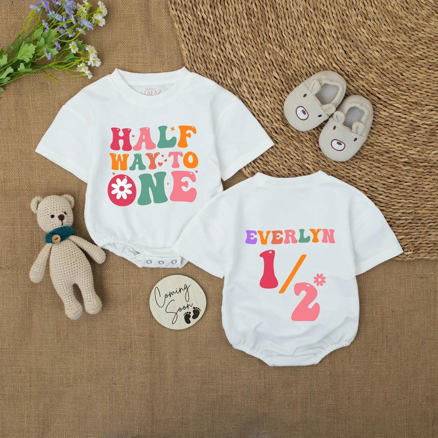 Personalized Retro 6 Month Baby Girl Romper, Halfway to One Bodysuit, Everlyn Name Custom Outfit, 70s Style Milestone Photo Gift