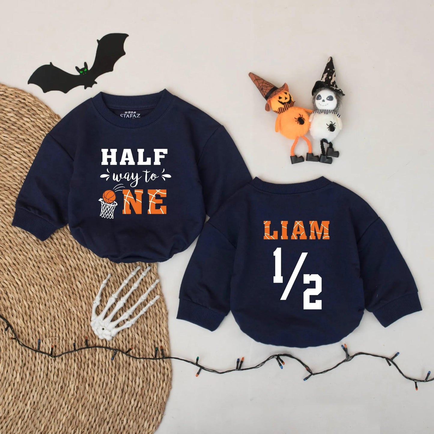 Halfway to One Basketball Baby Romper 6 Month Outfit Personalized Liam Boy Half Birthday Gift