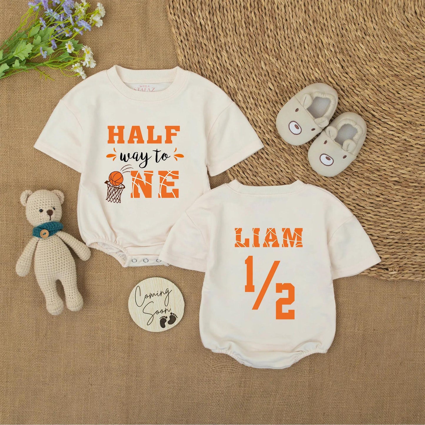 Halfway to One Basketball Baby Romper 6 Month Outfit Personalized Liam Boy Half Birthday Gift