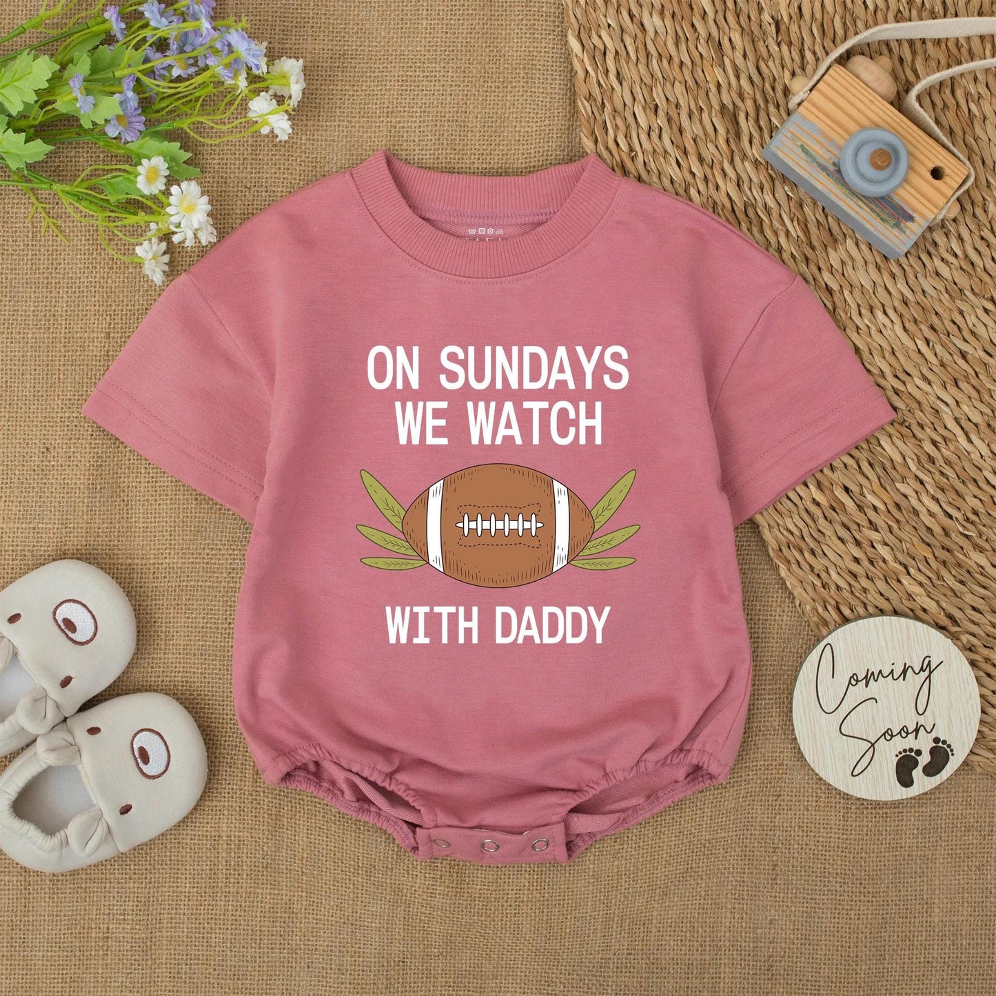 My First Game Day Football Romper, Daddy's Sunday Watching Buddy Onesie, Cute Baby Bodysuit Outfit, Black Text Football Design Soft Cotton 137