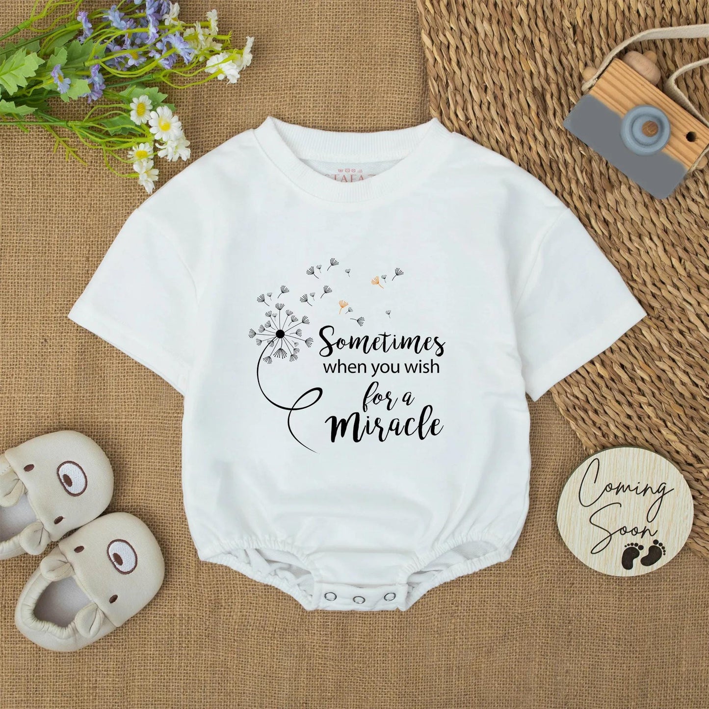 Miracle Dandelion Baby Romper, Inspirational Wish Newborn Onesie, Orange Seed Rainbow Outfit, Sweet Shower Gift, Whimsical Bodysuit, Black Graphic 138