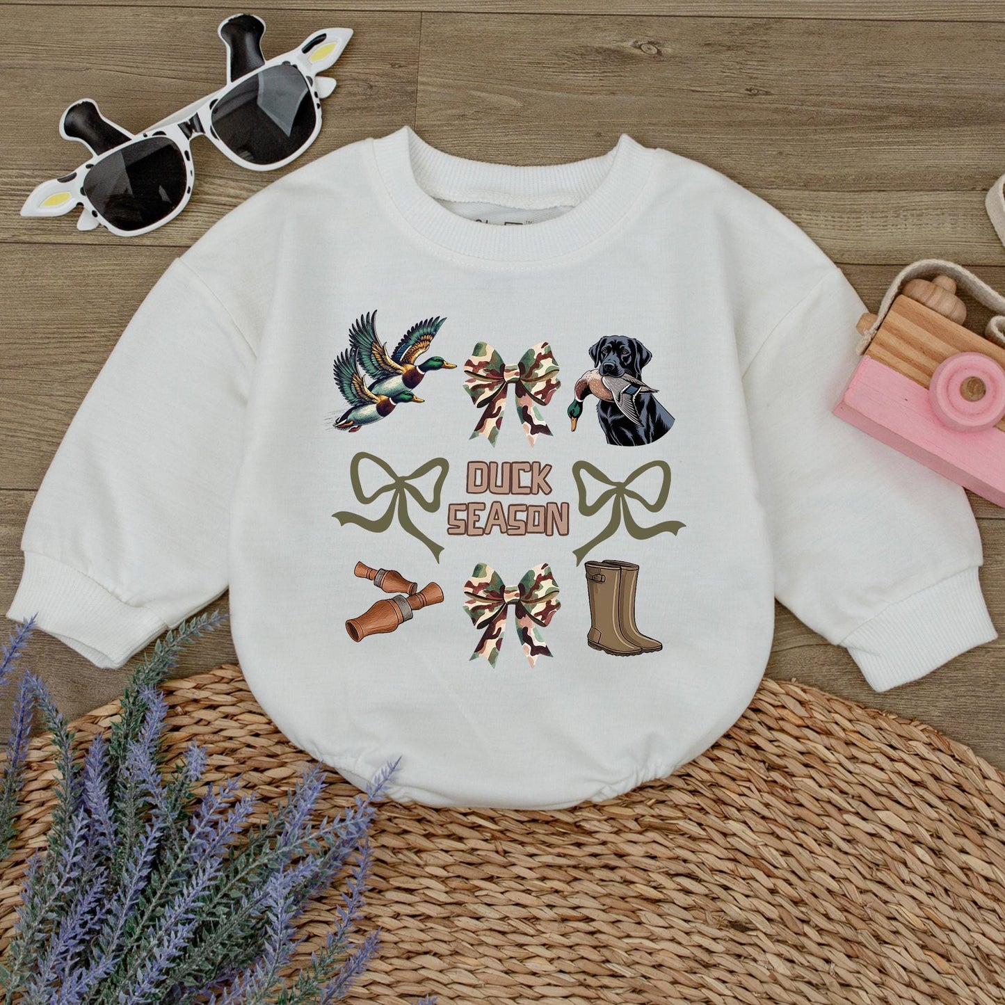 Duck Season Baby Romper: Camo Bows & Hunting Fun! Newborn Bodysuit Outfit, Outdoorsy Fall Gift, Labrador & Duckling Graphic Sweatshirt, Playful Coquette 139