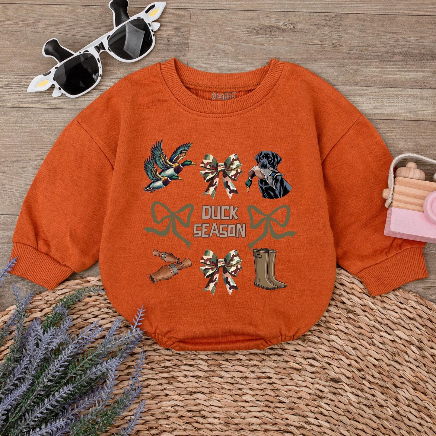 Duck Season Baby Romper: Camo Bows & Hunting Fun! Newborn Bodysuit Outfit, Outdoorsy Fall Gift, Labrador & Duckling Graphic Sweatshirt, Playful Coquette 139