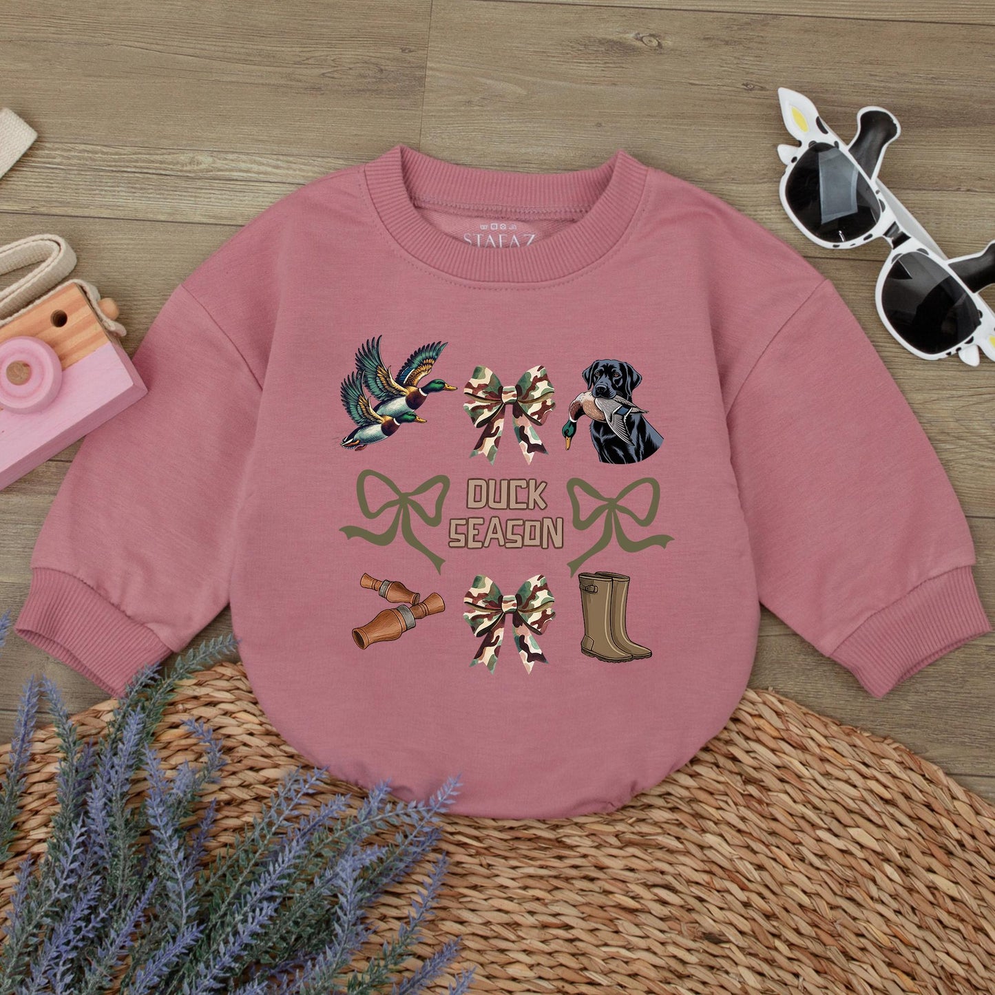 Duck Season Baby Romper: Camo Bows & Hunting Fun! Newborn Bodysuit Outfit, Outdoorsy Fall Gift, Labrador & Duckling Graphic Sweatshirt, Playful Coquette 139
