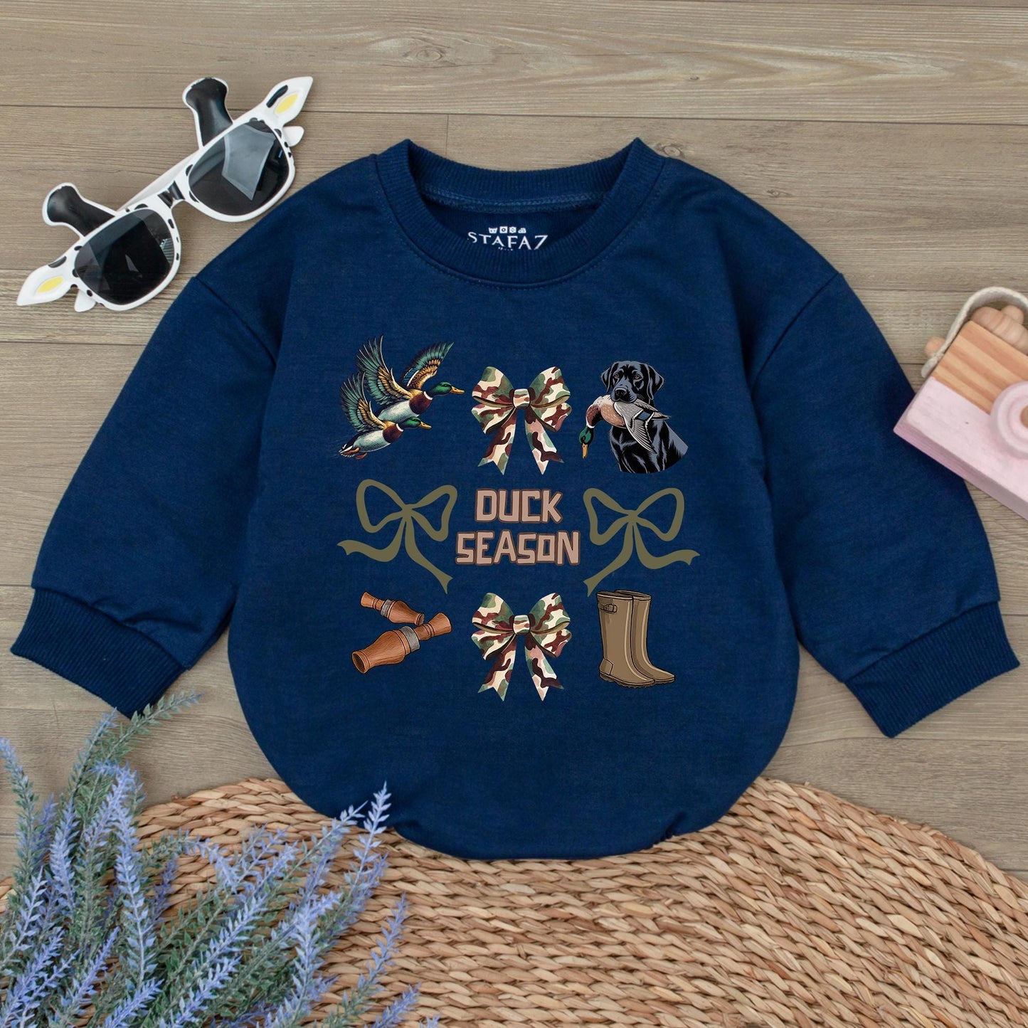 Duck Season Baby Romper: Camo Bows & Hunting Fun! Newborn Bodysuit Outfit, Outdoorsy Fall Gift, Labrador & Duckling Graphic Sweatshirt, Playful Coquette 139