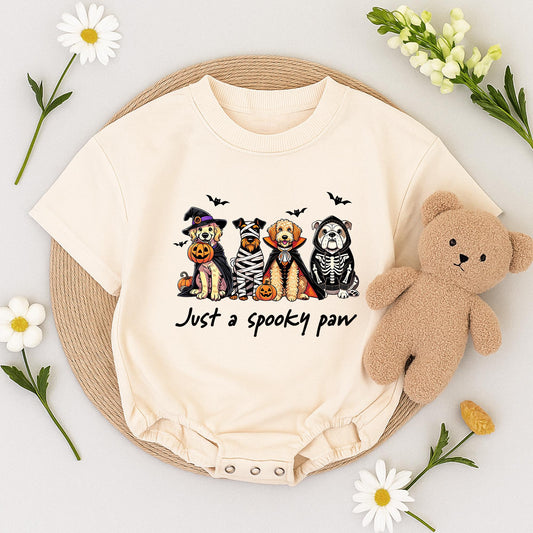 Spooky Paw Baby Romper Sweatshirt with Funny Dog Halloween Costume Design featuring Witch Mummy Vampire Skeleton Pups & Pumpkins for Fall Baby Boy Girl Gift