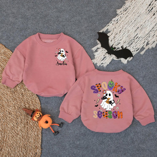 Custom Spooky Season Baby Romper with Ghost & Black Cat Design Fall Halloween Outfit for Baby Girl Amelia Name Personalized Toddler Clothes Gift