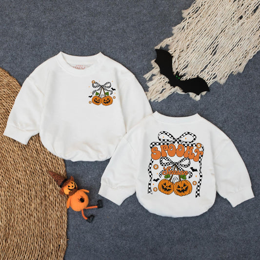 Spooky Season Pumpkin Romper, Cute Halloween Sweatshirt Outfit for Baby Girl or Boy, Checkered Bows Stars, Fall Toddler Clothes 138 chars