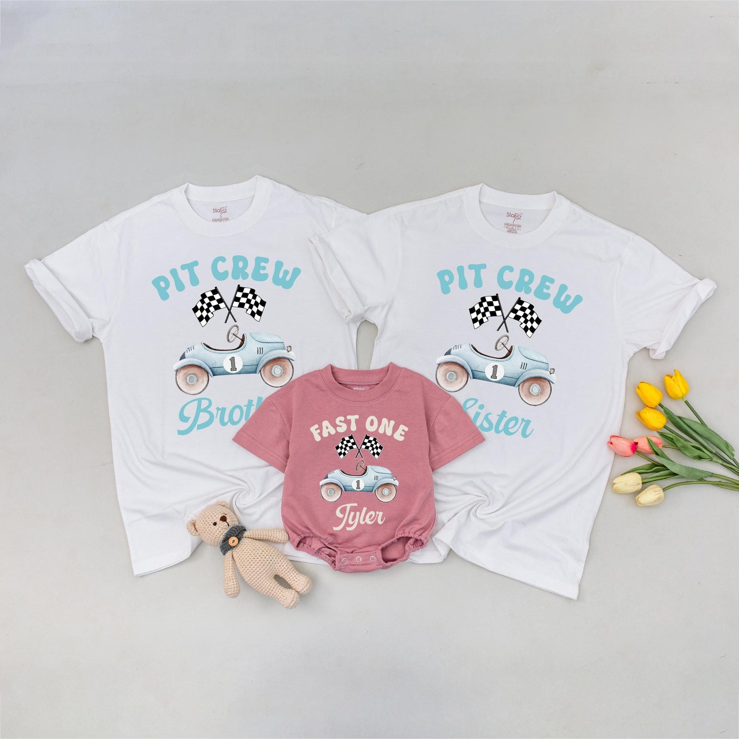 Fast One Birthday Matching Shirts for Family, Race Car 1st Birthday Boy Outfit, Pit Crew Custom Daddy Son Tees, Light Blue Vintage Theme Party (138 chars)