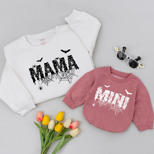 Spooky Mama & Mini Matching Halloween Shirts, Spiderweb Design, Mom and Baby Outfit, Cute Spiders & Bats, Halloween Family Costume