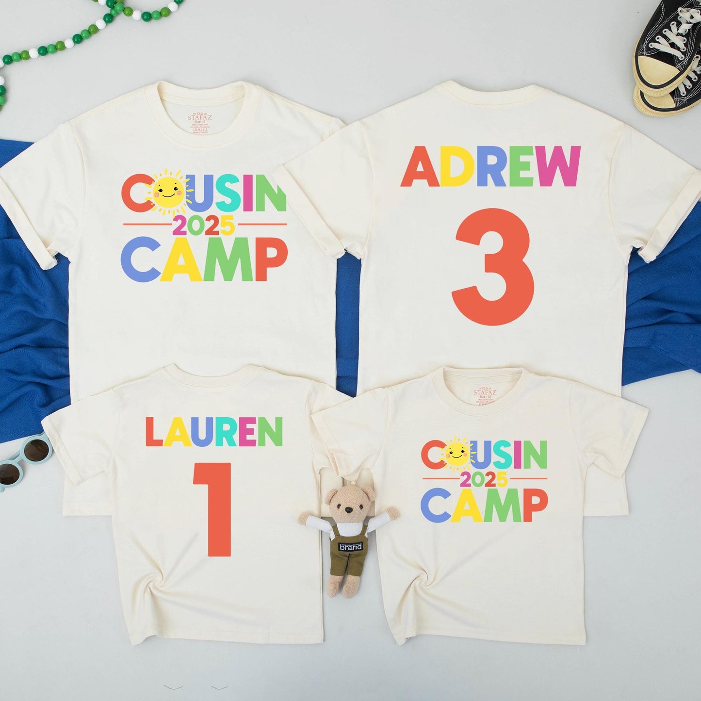 Custom Cousin Camp 2025 Rainbow Shirts with Sunshine Character for Boys & Girls, Toddler & Baby Tees