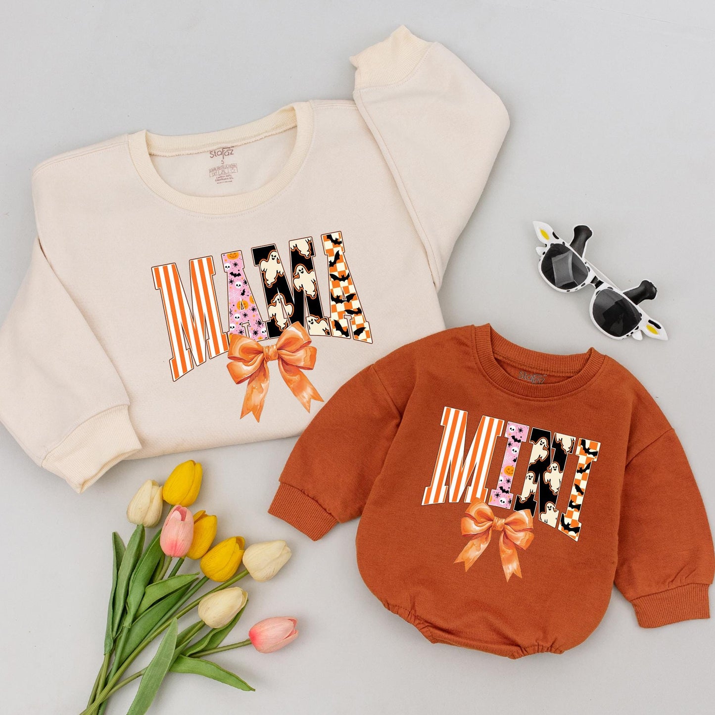 Retro Halloween Mama Mini Shirts with Bow, Spooky Varsity Tees, Matching Family Outfits, Cute Halloween Costume Shirt, Playful Fall Vibes (133 chars)
