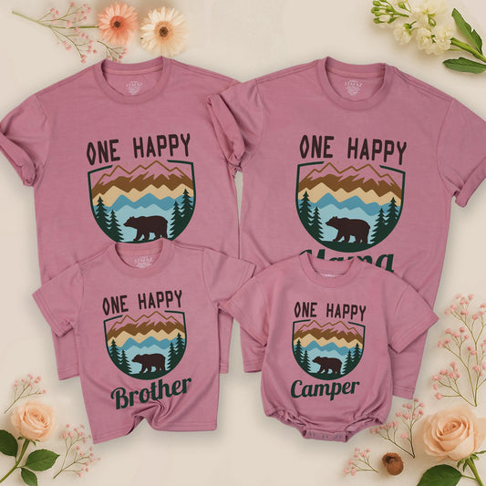 One Happy Camper Birthday Shirt Custom Family Camping Daddy Mama Brother Vacation 2025 Mountain Pine Tree Bear Outdoorsy Rustic Gift