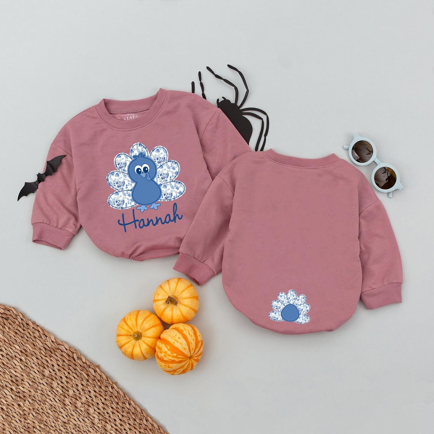 Personalized Thanksgiving Turkey Romper, Custom Name Hannah's First Turkey Day Outfit, Cute Blue Floral Turkey Baby Outfit, Unique Holiday Babysuit (136 chars)