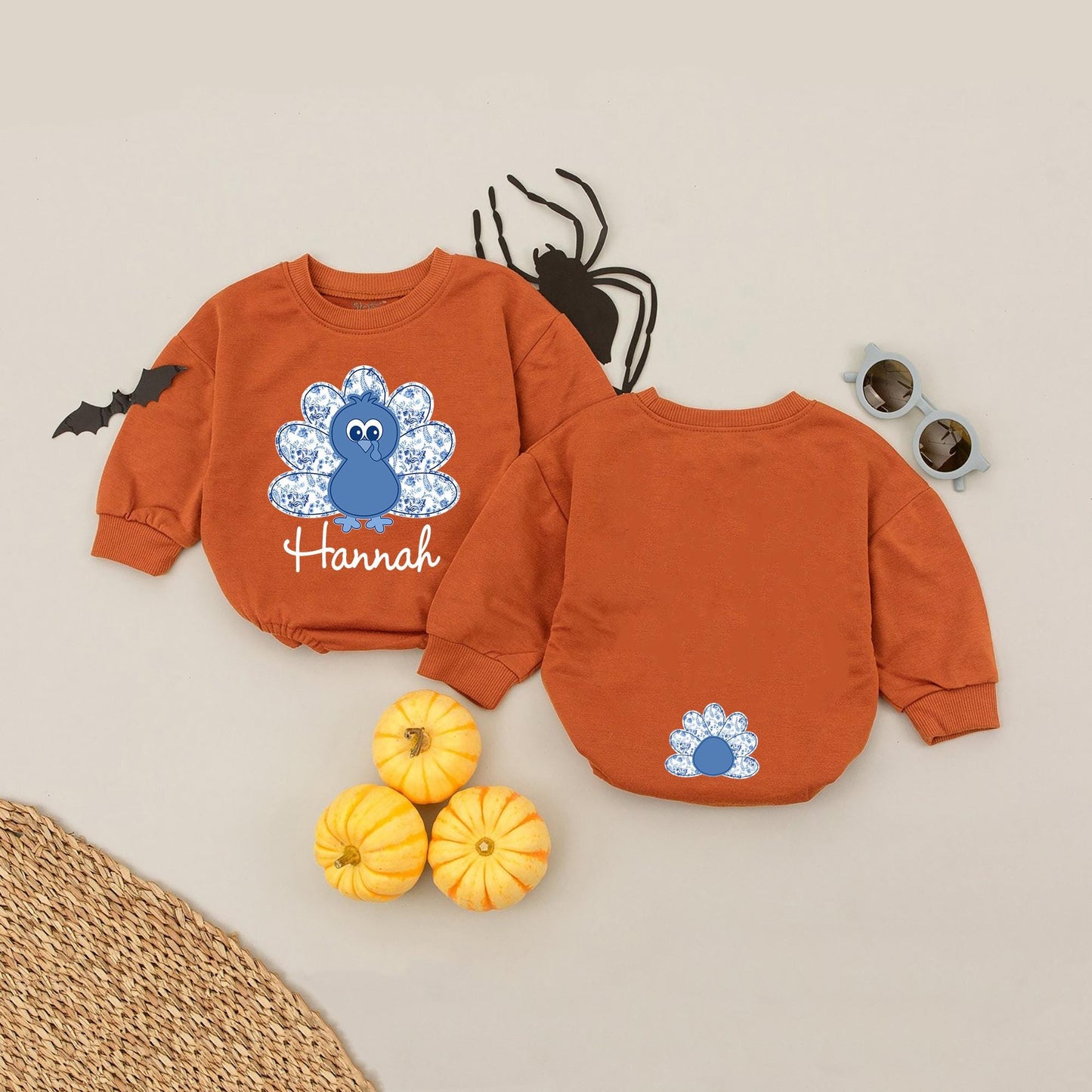 Personalized Thanksgiving Turkey Romper, Custom Name Hannah's First Turkey Day Outfit, Cute Blue Floral Turkey Baby Outfit, Unique Holiday Babysuit (136 chars)