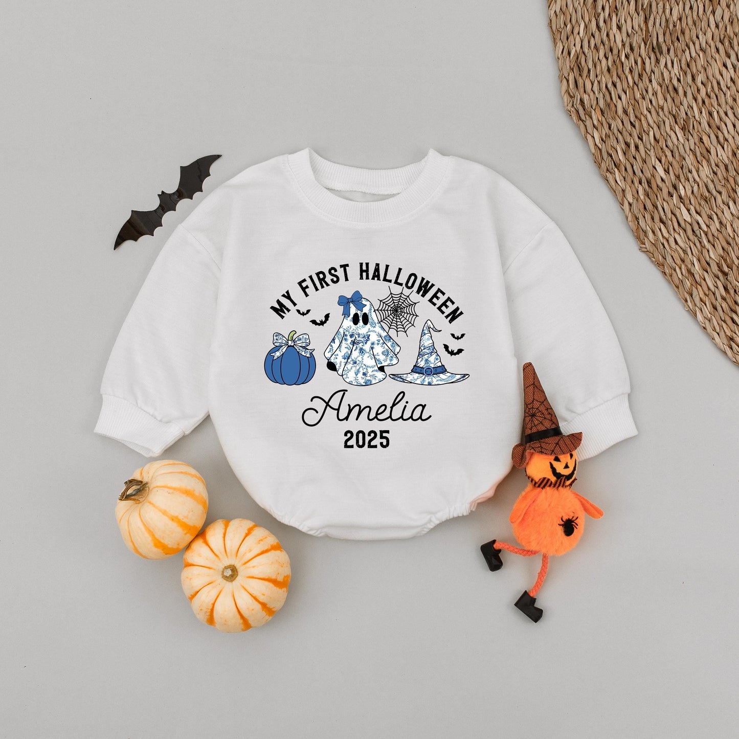 My First Halloween Baby Romper Cute Blue Pumpkin Ghost Witch Hat Amelia 2025 Fall Celebration Outfit