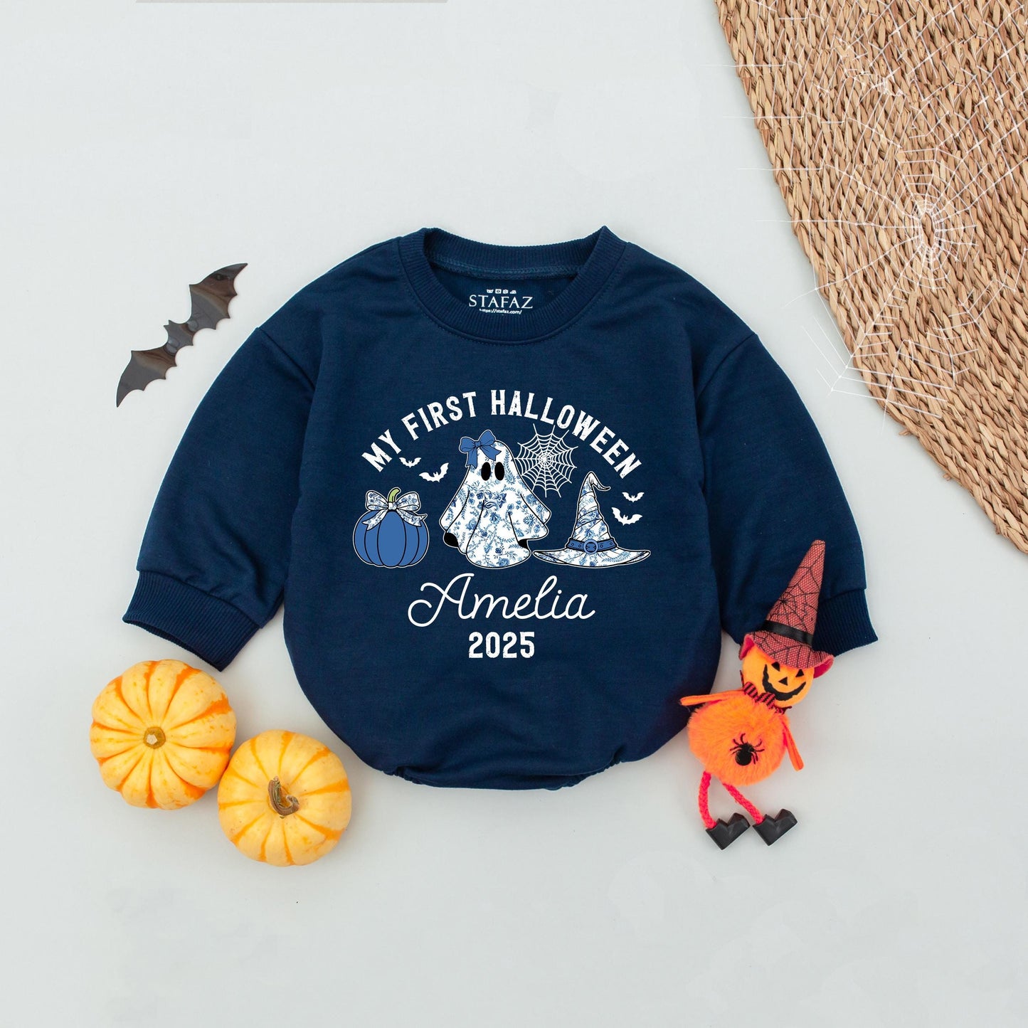 My First Halloween Baby Romper Cute Blue Pumpkin Ghost Witch Hat Amelia 2025 Fall Celebration Outfit