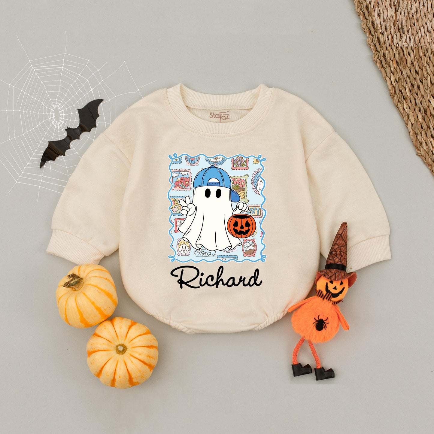 Personalized Halloween Ghost Bubble Romper for Baby Girls Boys Toddler Infant with Pink Bow Pumpkin Whimsical Name Design Outfit