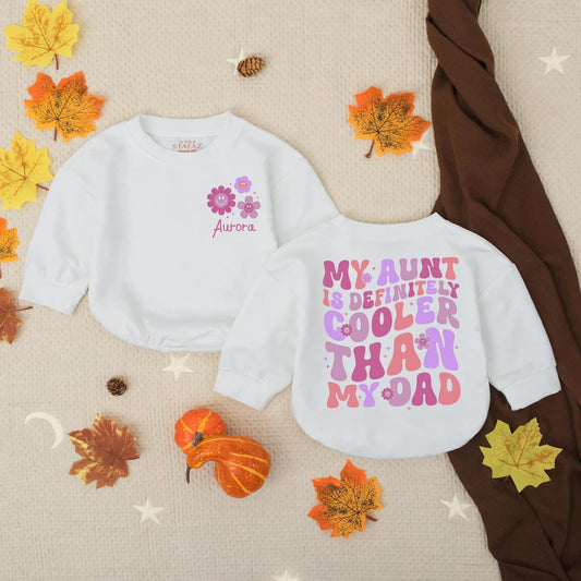 Personalized My Aunt Is Cooler Than My Dad Baby Girl Bubble Romper Funny Retro Pink Purple Floral Design Infant Auntie Gift Outfit Soft Comfortable