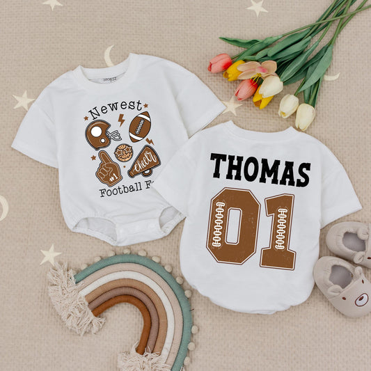 Custom Football Fan Baby Romper Newest Team Game Day Outfit Brown & Black Name 01 First Birthday Gift