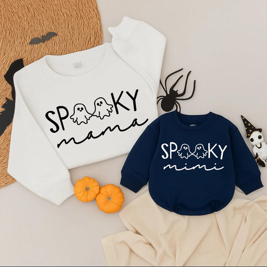 Spooky Mama & Mini Halloween Matching Sweatshirt and Romper Cute Ghost Cartoon Design Family Outfit White and Black Accents