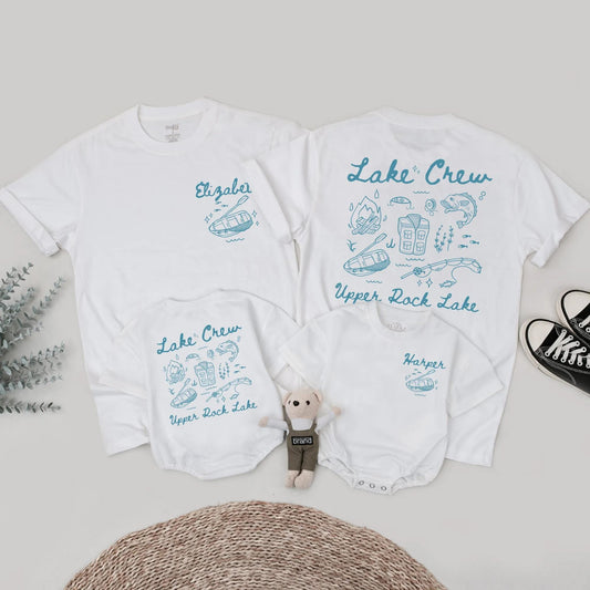 Matching Lake Crew Family Shirts Summer Vacation Outfit: Hand-Drawn Blue Design with Campfire, Fishing & Lake Fun! Custom Harper