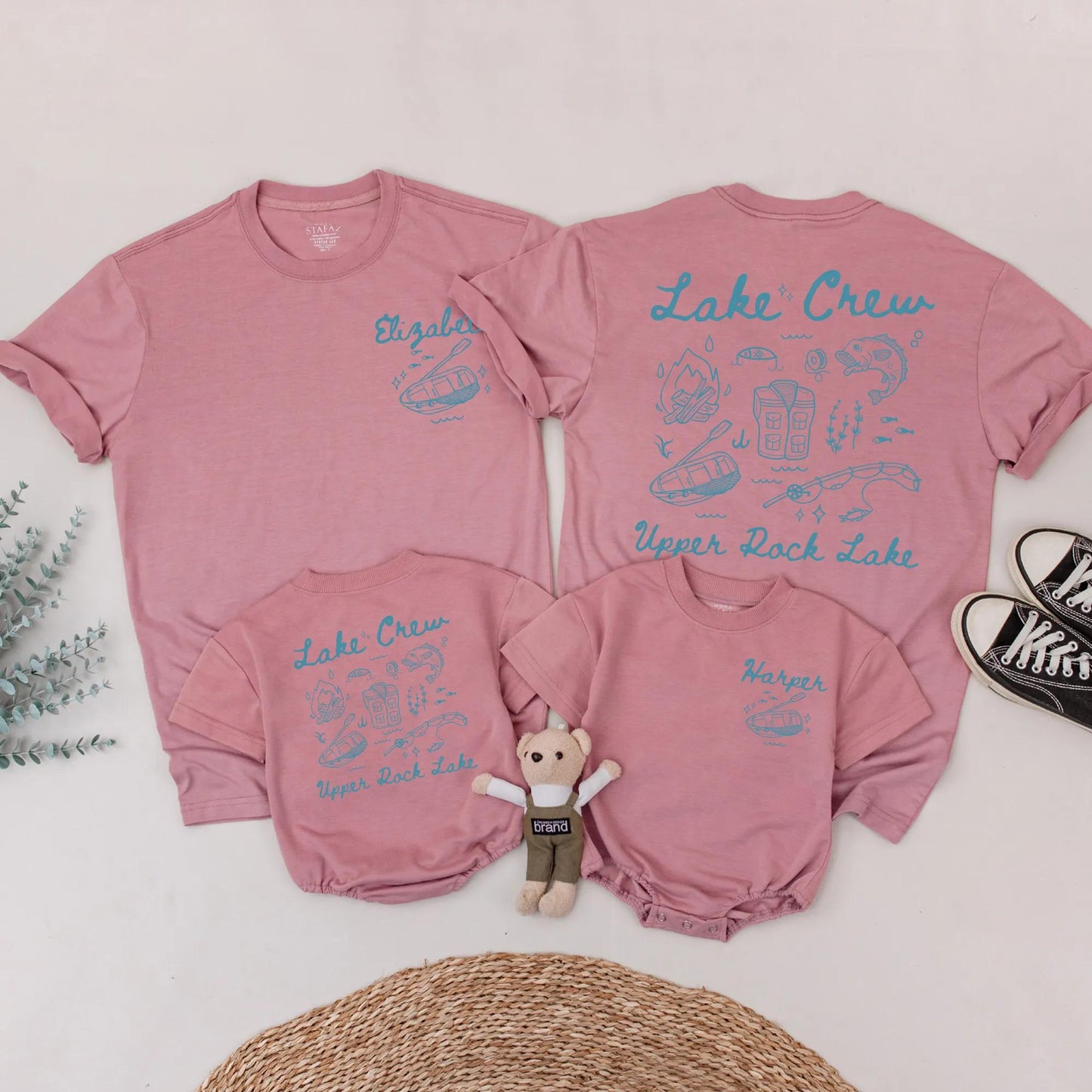 Matching Lake Crew Family Shirts Summer Vacation Outfit: Hand-Drawn Blue Design with Campfire, Fishing & Lake Fun! Custom Harper