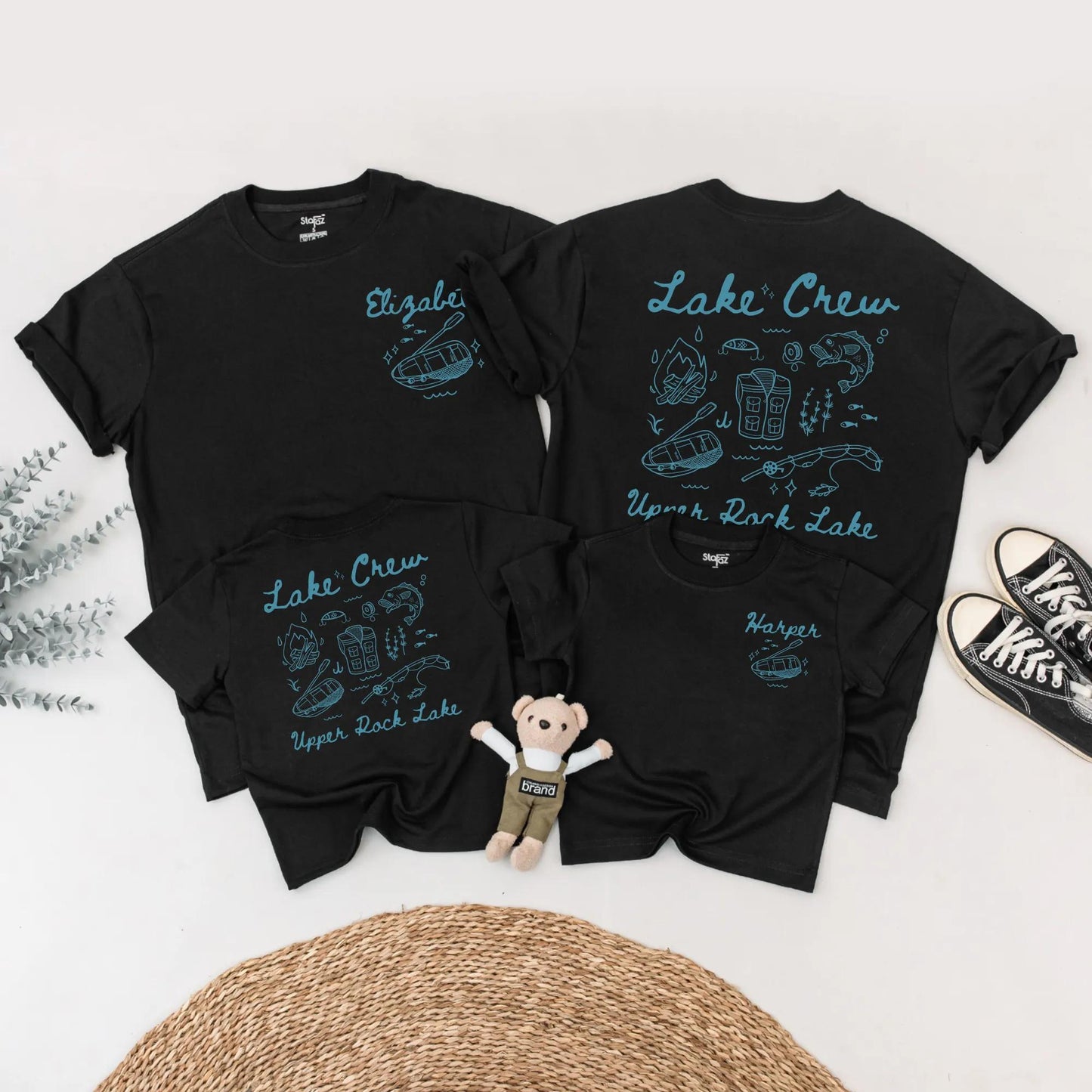 Matching Lake Crew Family Shirts Summer Vacation Outfit: Hand-Drawn Blue Design with Campfire, Fishing & Lake Fun! Custom Harper