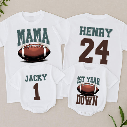 Football 1st Birthday Outfit Touchdown One Matching Family Tees Teal Brown Football Design 1st Birthday