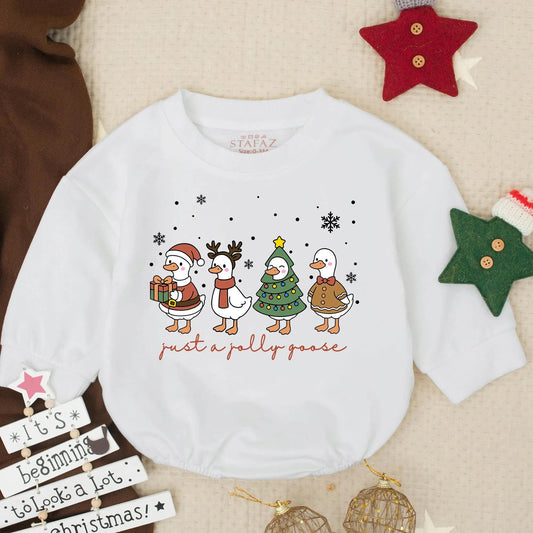 Just a Jolly Goose First Christmas Baby Romper Cute Cartoon Holiday Outfit Infant Xmas Clothes Baby Girl Boy Gift